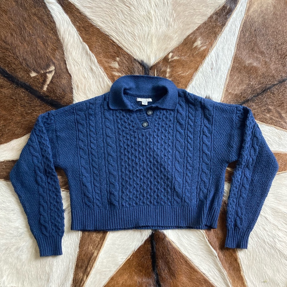 American Eagle Navy Cable Knit Collared Cropped Sweater Size: XS